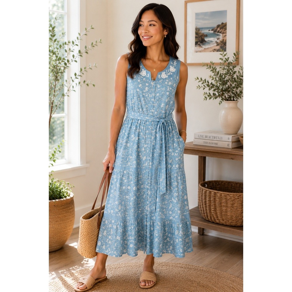 April Cornell NWT 3X Blue Floral Midi Dress Embroidered Pockets Cottagecore
